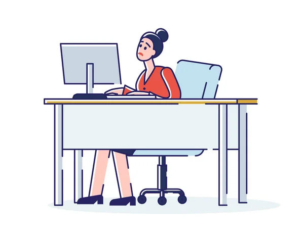 Concept Of Work In The Office. Tired Stressed Woman Work In Office On Computer. Dissatisfied Female Character Is Typing On Keyboard Do Her Job On Time. Cartoon Linear Outline Flat Vector Illustration — Stock Vector