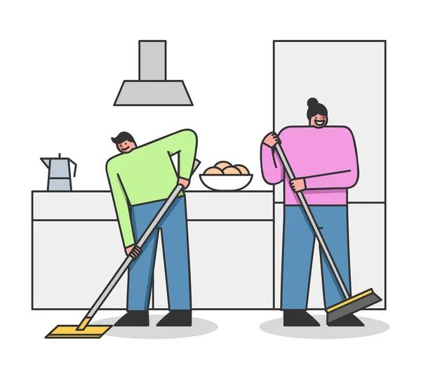 Koncepcja usługi sprzątania. Sprzątanie Czyste Mieszkanie. Mężczyźni i kobiety zamiatają podłogę w kuchni. Postacie sprzątające na mokro w pokoju. Cartoon liniowy zarys płaski wektor ilustracji — Wektor stockowy