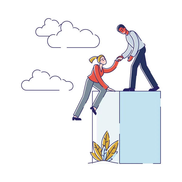 Travail d'équipe, partenariat et concept de leadership. L'homme aide la femme à gravir l'échelle de carrière. Metaphor Of Helping Hand In Difficult Life Situations. Dessin animé contour linéaire Style plat. Illustration vectorielle — Image vectorielle