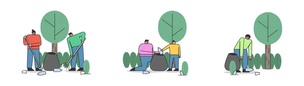 Umweltschutzkonzept: Ehrenamtliche sammeln Müll in Säcken im Wald oder im Park ein. Die Menschen kümmern sich um die Natur. Cartoon Linear Outline Flat Vector Illustration Set — Stockvektor