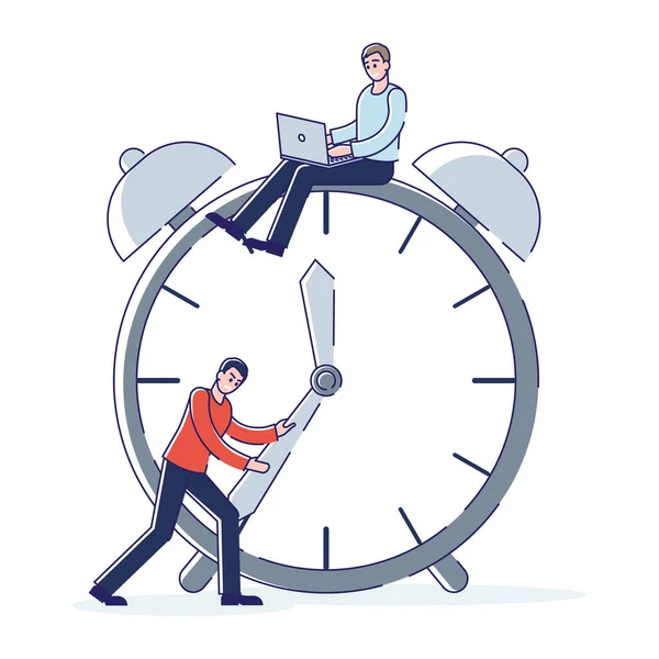 Concept of Time Management and Deadlines. Lidé z obchodního oddělení se snaží dodržet stanovené lhůty ve své práci. Muž Snažte se přestat sledovat držení šipky. Cartoon Linear Outline Flat Style Vector Illustration — Stockový vektor