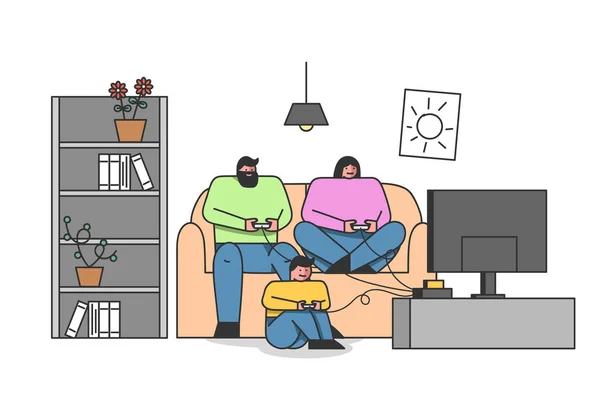 Концепция семейного отдыха. Счастливый семейный папа, мама и сын проводят время вместе дома, играя в видеоигры. Персонажи играют в игровую консоль в гостиной. Мультфильм "Линейный набросок плоского вектора" — стоковый вектор