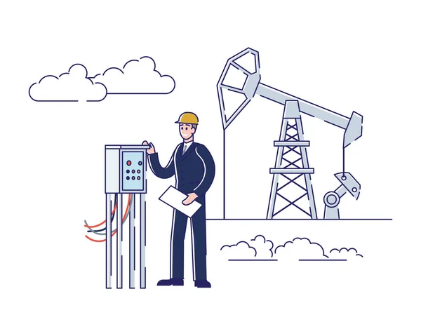 Producción de Petróleo, Industria Offshore y Gas. El hombre trabaja en la planta de petróleo y plataforma. Operador en uniforme administrar con el panel de control de petróleo y gas de transporte. Dibujos animados Esquema lineal Ilustración de vectores planos — Vector de stock