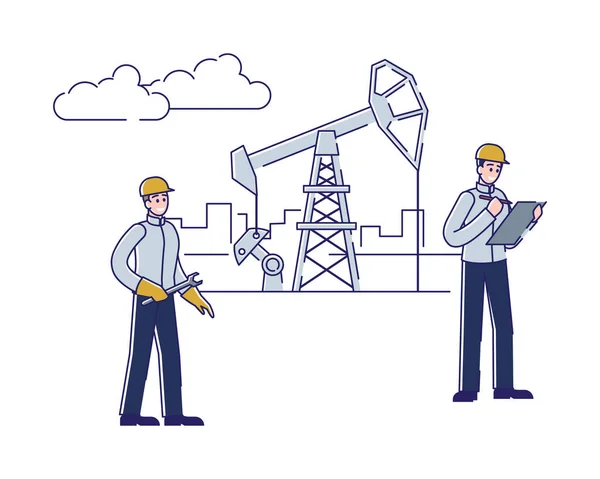 Olieproductie, offshore en gasindustrie. Manager en werknemer controleren en service van het werk olie en boorinstallatie. Senior Foreman Marks in Notebook takenlijst. Cartoon Linear Outline Flat Vector Illustratie — Stockvector