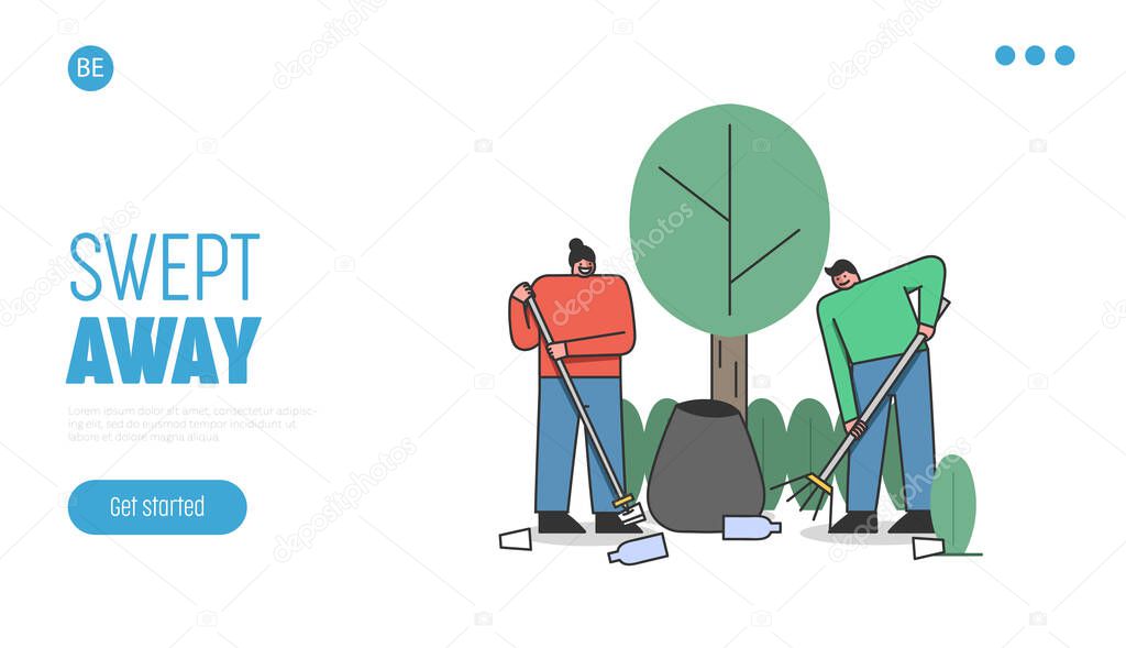 Website Landing Page Environment Protection With Volunteers Take Care Of Nature, Collect Plastic Litter Into Bags In Forest Or In Park. Web Page Cartoon Linear Outline Flat Style Vector Illustration
