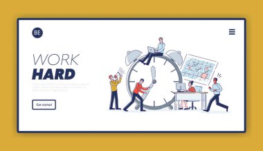 Web sitesi İniş Sayfası. Liderlik, ofis çalışanlarını çalışma saatlerini doğru bir şekilde yönetmeye ve teslim tarihlerini takip etmeye teşvik ediyor. Adam Arrow 'u izlemeyi bırakmaya çalışıyor. Web Sayfası Çizgi Filmi Çizgisel Düz Vektör İllüstrasyonu