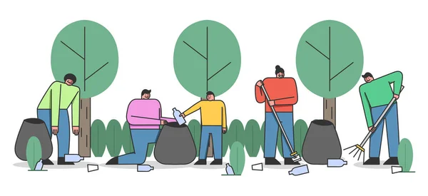 Концепция охраны окружающей среды, волонтерской деятельности. Добровольцы очищают планету, собирают пластиковые отходы в лесу или в парке для дальнейшей переработки. Мультфильм "Линейный набросок плоского вектора" — стоковый вектор