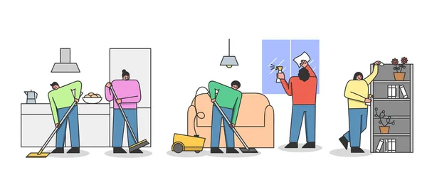 Concept de service de nettoyage. People Clean Apartment. Hommes et femmes Aspirant, balayant le sol, époussetant. Personnages faisant le nettoyage humide dans la chambre. Illustration vectorielle plate de contour linéaire de bande dessinée — Image vectorielle