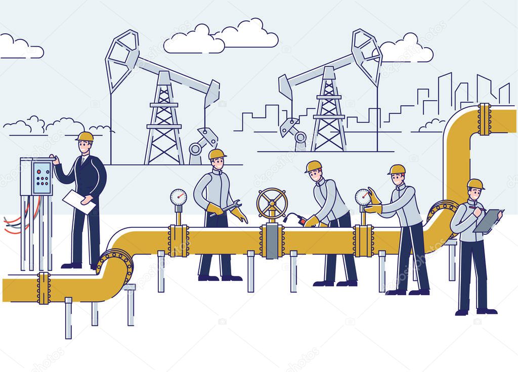Oil Production, Offshore And Gas Industry. People Work On Oil And Rig Plant. Operators Control Oil And Gas Transportation From Plant By Oil Pipeline. Cartoon Linear Outline Flat Vector Illustration