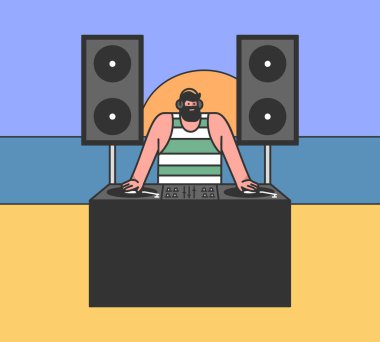 Plaj Partisi Konsepti. Cool Famous DJ, The Evening Ocean Beach 'te açık havada dans müziği çalıyor. Büyük Güçlü Konuşmacılarla Profesyonel DJ Booth. Çizgi film Düz Dış Hatlar Biçimi. Vektör İllüstrasyonu