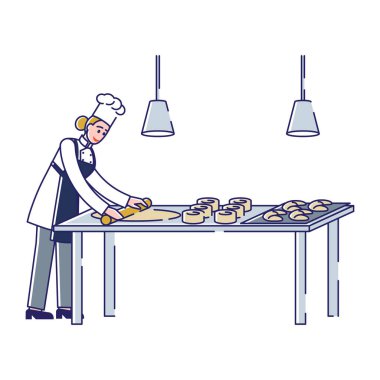 Fırındaki Modern Profesyonel Üretim Süreci kavramı. Kadın Şekerlemeciler Hamur çıkartıyor ve Taze Fırın Ürünleri Yapıyor. Çizgi film Çizgi Çizgisi Düz Vektör İllüstrasyonu
