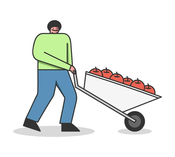 Koncepcja uprawy i zbiorów. Chłopiec nosi taczkę pełną jabłek. Człowiek przewozi owoce do Magazynu. Jesienne zbiory, sezonowa praca rolnicza. Cartoon liniowy zarys płaski wektor ilustracji — Wektor stockowy