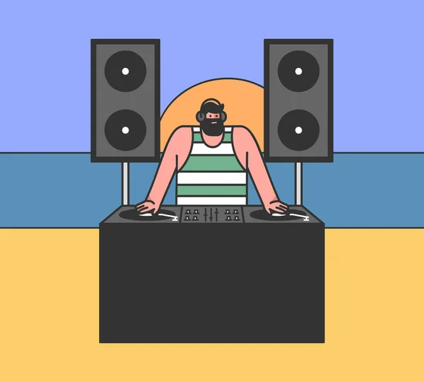 Konzept der Beachparty. Cooler berühmter DJ spielt Tanzmusik im Freien am abendlichen Ocean Beach. Professionelle DJ-Kabine mit großen leistungsstarken Lautsprechern. Cartoon Linear Outline Flacher Stil. Vektorillustration — Stockvektor