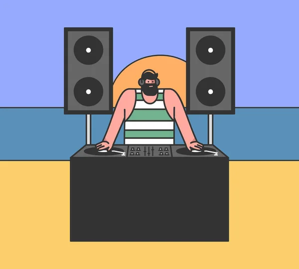 Concepto de fiesta en la playa. Cool Famous DJ Plays Dance Music Outdoors On The Evening Ocean Beach (en inglés). Cabina de DJ profesional con altavoces grandes y potentes. Dibujos animados Linear Outline Flat Style. Ilustración vectorial — Vector de stock