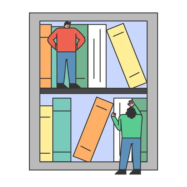 Conceito de Biblioteca Digital Online. Homem e mulher escolhendo livros necessários para a leitura on-line. Personagens em pé dentro enorme tablet com pilhas de livros. Desenhos animados Linear esboço plana Vector Ilustração —  Vetores de Stock