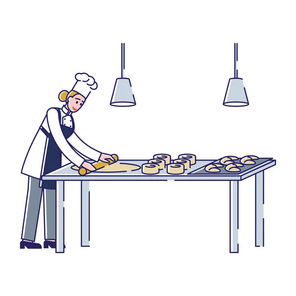 Concept Of Modern Professional Manufacturing Process In Bakery. Female Character Confectioner Is Rolling Out Dough And Making Fresh Bakery Products. Cartoon Linear Outline Flat Vector Illustration — Stock Vector