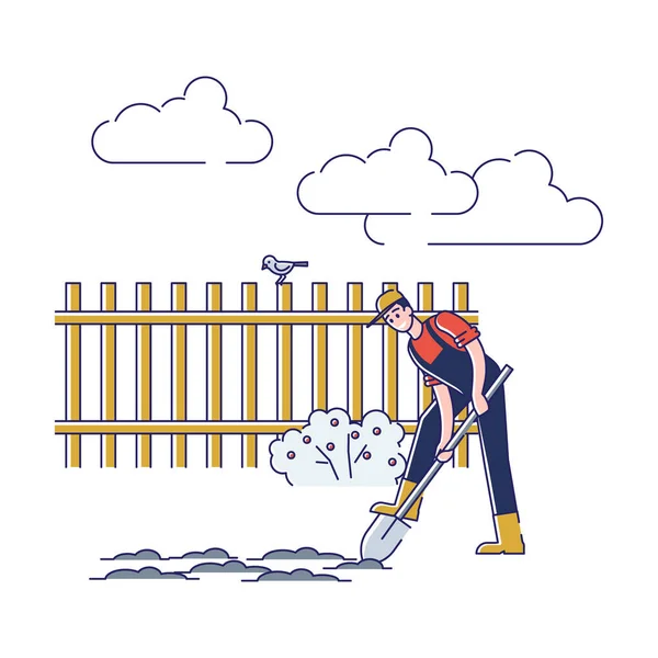 Tuinieren en boeren concept. Een man die op de boerderij werkt. Vrolijk karakter graven Bodem Gebruik schep. Seizoensgebonden landbouwwerk. Landbouw en Tuin Job. Cartoon Linear Outline Flat Vector Illustratie — Stockvector