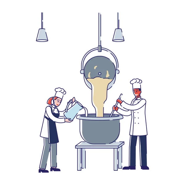 Concept Of Modern Manufacturing Process In Bakery. Characters Baker and Confectioner In Uniform Are Kneading Dough With Professional Machine. Cartoon Linear Outline Flat Style. Vector Illustration — Stock Vector