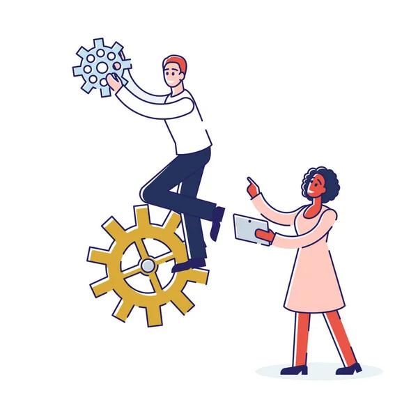 Teamwork och Brainstorm Concept. Man och kvinna arbetar tillsammans. Kvinnans förbrytarjobb. Metaforen av att jämföra folk arbete med kogwheel mekanism. Tecknad linjär kontur Platt vektor Illustration — Stock vektor