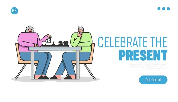 Yaşlılar Web sitesi İniş Sayfası. Emekliler satranç oynar ve eğlenir. Satranç tahtasıyla masada oturan yaşlı insanlar. Web Sayfası Çizgi Filmi Çizgisel Düz Vektör İllüstrasyonu — Stok Vektör