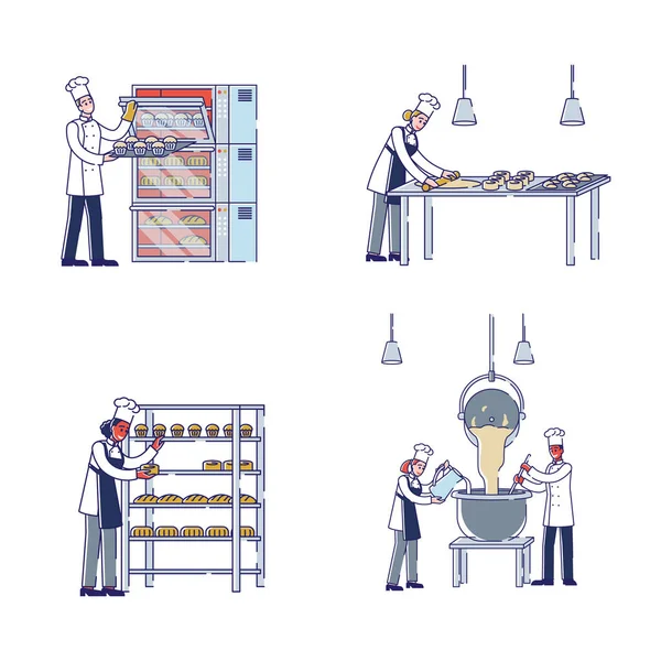 ベーカリーコンセプトの製造プロセス。生地を混練文字,ベーカリー製品を作る,ベーキングのためにオーブンに入れて,ショーケースに焼き菓子を入れて.漫画リニアアウトラインフラットベクトルイラストセット — ストックベクタ