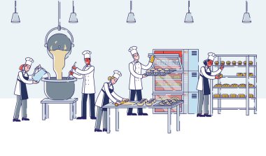 Fırında Modern İmalat Süreci kavramı. İnsanlar hamur yoğurur, kruvasan, ekmek ve kek yapar ve fırına koyar. Çizgi film Düz Dış Hatlar Biçimi. Vektör İllüstrasyonu