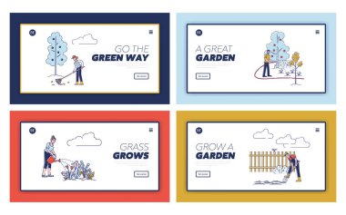 Bahçıvanlık, Tarım Konsepti. Web sitesi İniş Sayfası. Erkekler ve kadınlar bahçıvanlık, bitki ekme, çiçek biçme, çim biçme, yaprakları tırmıklama. Web Sayfası Çizgi Filmi Çizgi Çizgisi Düz Vektör Resimleri Ayarları