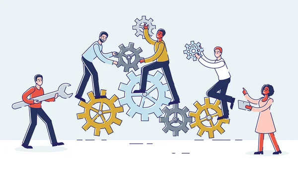 Teamwork och Brainstorm Concept. Manliga och kvinnliga karaktärer arbetar i team med gruppledaren. Metaforen av att jämföra folk arbete med kogwheel mekanism. Tecknad linjär kontur Platt vektor Illustration — Stock vektor