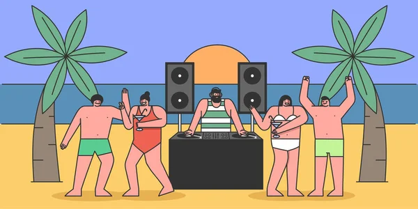 Koncepcja Beach Party z fajnym DJ gra muzykę taneczną. Ludzie w strojach kąpielowych tańczą, piją koktajle i dobrze się bawią. Cartoon Linear Zarys płaski styl. Ilustracja wektora — Wektor stockowy