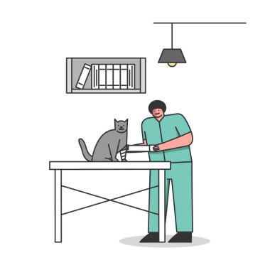 Hayvan Kliniği Konsepti. İnsanlar hasta evcil hayvanlarını getiriyorlar. Tıbbi Üniformalı Nazik Veteriner Kediyi Yaralı Pençe ile Tedavi Ediyor. Çizgi film Düz Dış Hatlar Biçimi. Vektör İllüstrasyonu