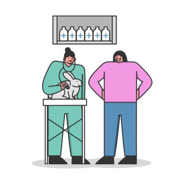 Hayvan Kliniği Konsepti. Evcil Hayvanlar için Profesyonel Tıbbi Teşhis. Veteriner Üniformalı Kadınlar Veteriner Kliniğinde Tavşan İyileştiriyor. Çizgi film Düz Dış Hatlar Biçimi. Vektör İllüstrasyonu