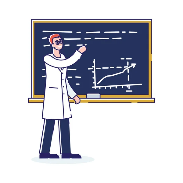 Konzept der Arzneimittelproduktion und -präsentation. Wissenschaftler, die Medizin oder Impfstoffe entwickeln. Character zeichnet Diagramm mit wissenschaftlichen Formeln auf dem Brett. Cartoon Linear Outline Flache Vektorillustration — Stockvektor