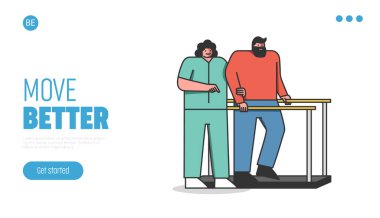 Rehabilitasyon Konsepti. Web sitesi İniş Sayfası. Doktor Kadın, yaralı adamın çabuk iyileşmesine yardım ediyor. Hemşire yardımı ile egzersiz yapan bir karakter. Web Sayfası Çizgi Çizgi Çizgi Çizgi Çizgi Çizgisi Düz Stili. Vektör İllüstrasyonu