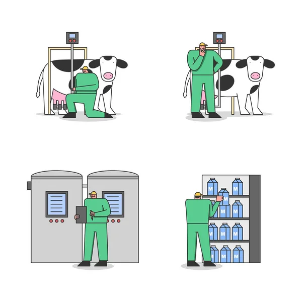 Concepto de Producción Láctea. Los operadores en uniforme utilizan equipo profesional para ordeñar vacas, procesar y llenar leche en planta o fábrica. Conjunto de ilustraciones de vectores planos de contorno lineal de dibujos animados — Archivo Imágenes Vectoriales
