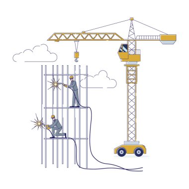 İnşaat kavramı. Açık havada birlikte çalışan işçiler. Kaynak Metal Çerçeve Kullanımı Karakterleri