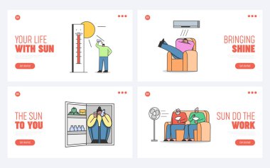 Yaz Sıcaklığı Dönemi. Web sitesi İniş Sayfası. İnsanlar içeride ve dışarıda sıcaktan yorulmuş ve dinleniyor.