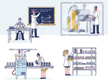 Tıp Üretimi Konsepti. Bilimadamları laboratuarda araştırmalar yapıyor, Profesyonel Ekipmanlarla İlaç üretiyorlar