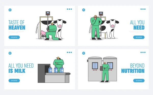 Concepto de Producción Láctea. Página de destino del sitio web. Operadores utilizan equipo profesional para ordeñar vacas — Archivo Imágenes Vectoriales