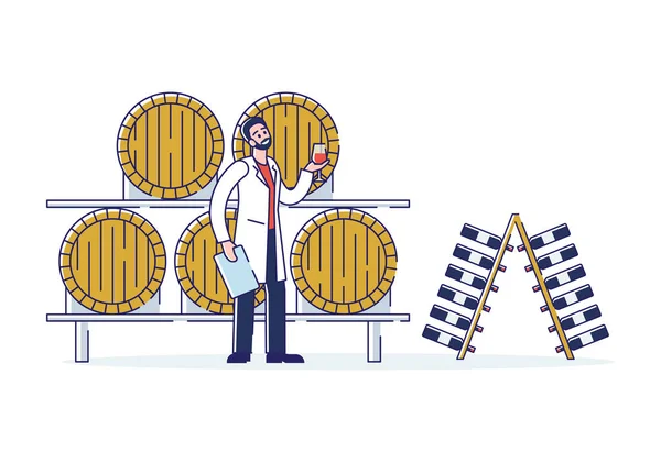 Concepto de producción de vino. Smiling Man Technologist Works On Wine Plant (en inglés). El carácter es la degustación de vino en bodega — Archivo Imágenes Vectoriales