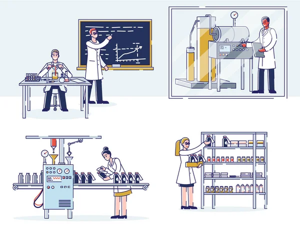 Concetto di produzione di medicina. Gli scienziati fanno ricerche in laboratorio, producono medicine con attrezzature professionali — Vettoriale Stock