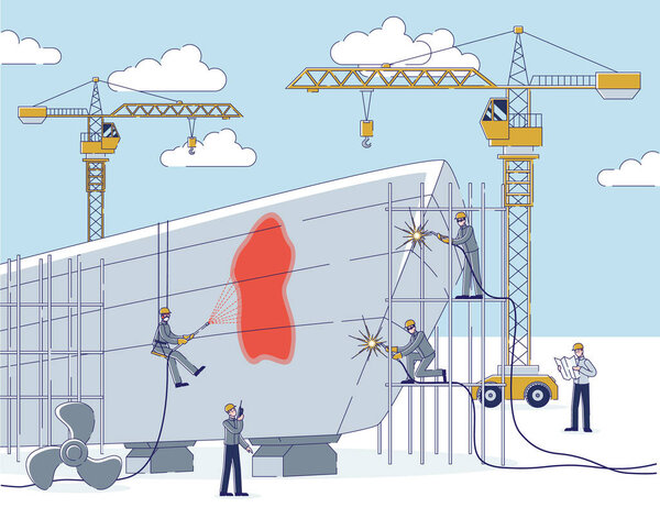 Концепция верфи. Люди занимаются судостроением. Команда рабочих ремонтирует большое судно, используя профессиональное оборудование

