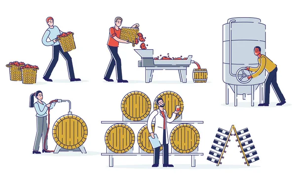 Konzept der Weinproduktion. Winzer arbeiten an Weinanbau. Charaktere ernten, zerkleinern Trauben — Stockvektor