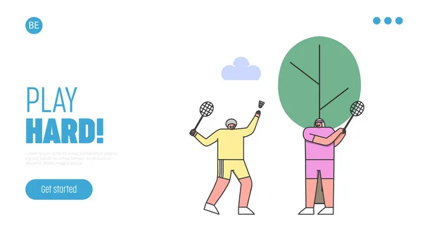 Concept Of Healthy Lifestyle And Leisure. Website Landing Page. Senoirs Man And Woman Like Active Games And Play Badminton Together. Web Page Cartoon Linear Outline Flat Style. Vector Illustration