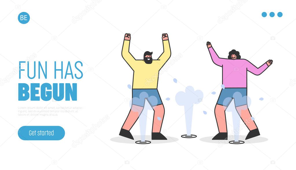 Concept Of Summer Hot Period. Website Landing Page. Happy People Man And Woman Having Fun, Drenching With Water, Swimming in Fountain. Web Page Cartoon Linear Outline Flat Style. Vector Illustration