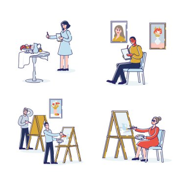 Sanat Okulu İnsan Yaratıcılığı ve Yetenekleri. Erkek ve kadın sanatçılar portre çizmek için çalışıyorlar ve sanat okulunda hala hayatları var. Profesyonel aletler kullanıyorlar. Çizgi film Çizgisel Ana Hattı Düz Vektör Resimleri Ayarlandı