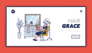 Modern Güzellik Salonu ve Spa Konsepti. Web sitesi İniş Sayfası. Saç kurutma makineli genç kadın, Moda Dergisi 'ni okuyor. Web Sayfası Çizgi Çizgi Çizgi Çizgi Çizgi Çizgisi Düz Stili. Vektör İllüstrasyonu