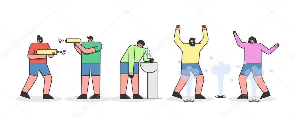 Concept Of Summer Hot Period. People Weary From Heat, Playing Super Soakers, Drenching With Water, Swimming in Fountain To Cool Off In Hot Summer Day. Cartoon Linear Outline Flat Vector Illustration
