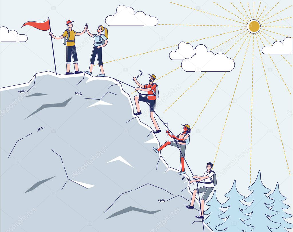 Concept Of Alpinism. Male And Female Characters Climb Up Mountain Use Professional Alpinists Tools. People Give Five On The Top To Each Other. Cartoon Linear Outline Flat Style. Vector Illustration