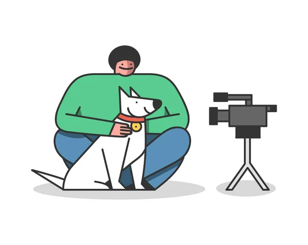 Vlogger moderne créant une vidéo avec chien pour blogueur canal sur les médias sociaux. Concept de style de vie — Image vectorielle