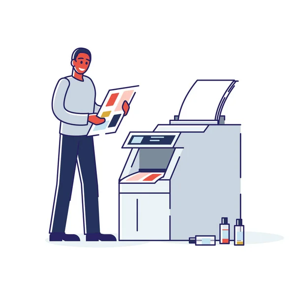 Operaio della tipografia in piedi alla fotocopiatrice con documento di fotocopia. Moderno ufficio poligrafia — Vettoriale Stock